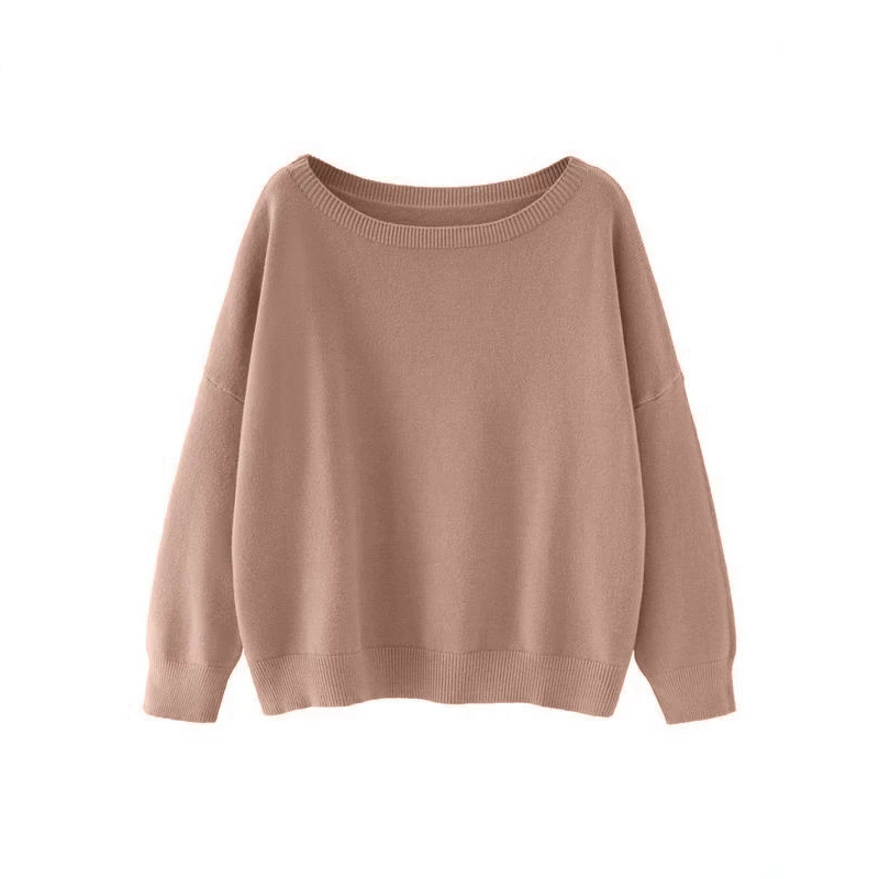 Soft Solid Color Crewneck Drop Shoulder Knit Sweater