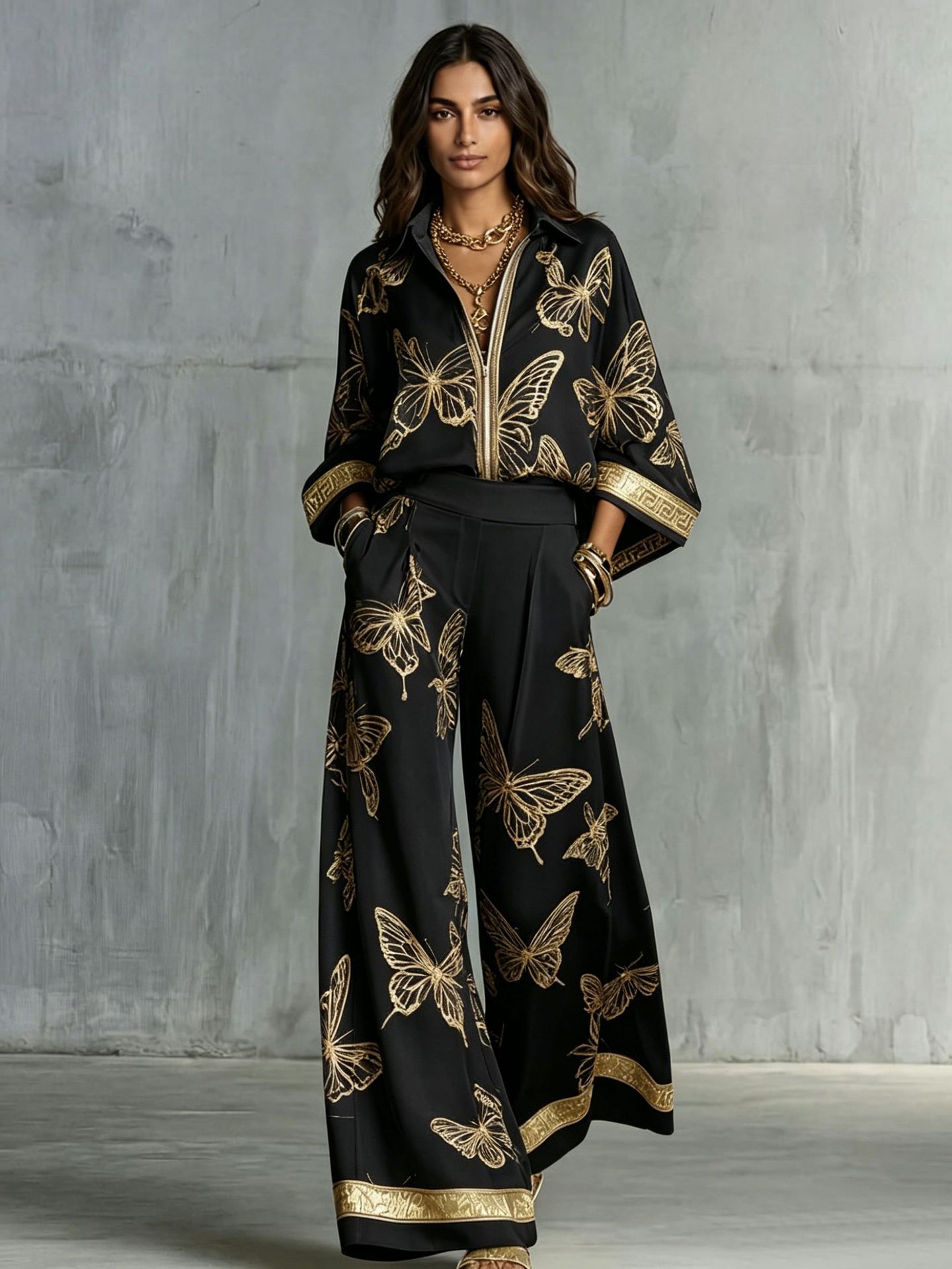 Women's Vintage Print Deep V Zip Top & Wide-Leg Pants Set