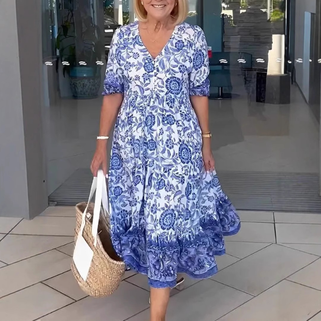 V-Neck Floral Print Long Dress