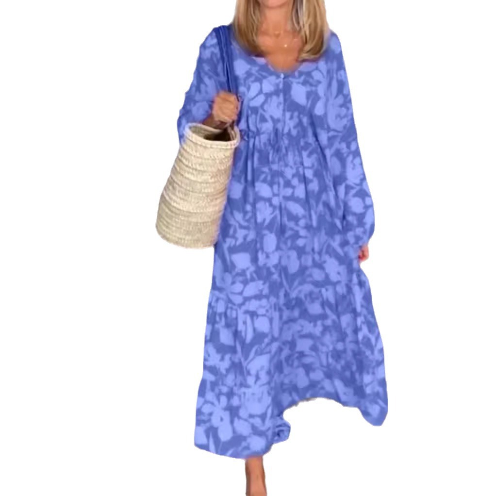 Women's Printed V-Neck Long Sleeve Loose Casual Dress
