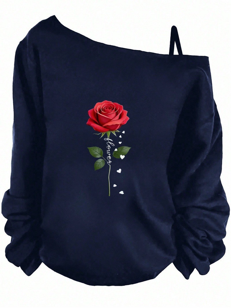 Women's One-Shoulder Long-Sleeve Loose Vintage Sweatshirt with Graphic Print