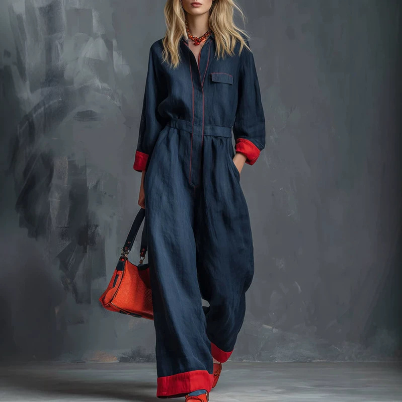 Retro Red Long Sleeve Jumpsuit with Pockets