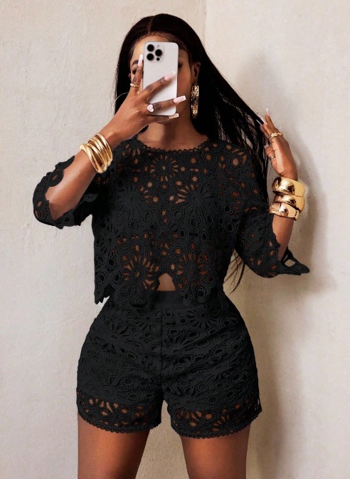 Women's Solid Color Hollow Lace Slim Fit Two-Piece Set
