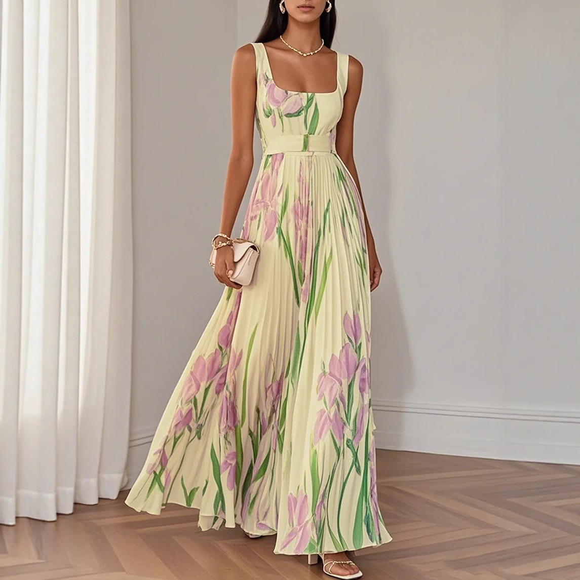 Women's Sleeveless Floral Midi Dress Digital Print Pleated A-Line