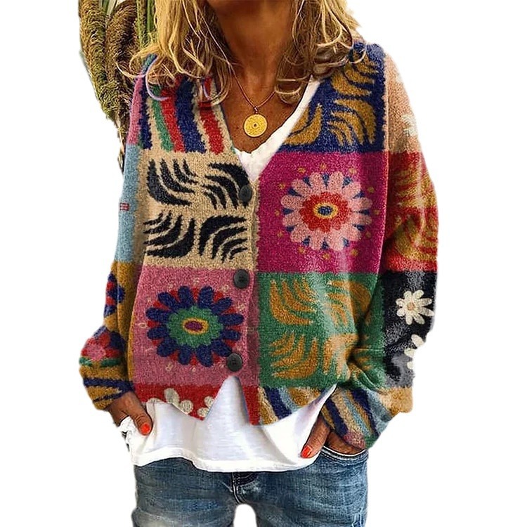 3D Print Open-Front Cardigan Soft Knit Women's Casual Wrap Sweater