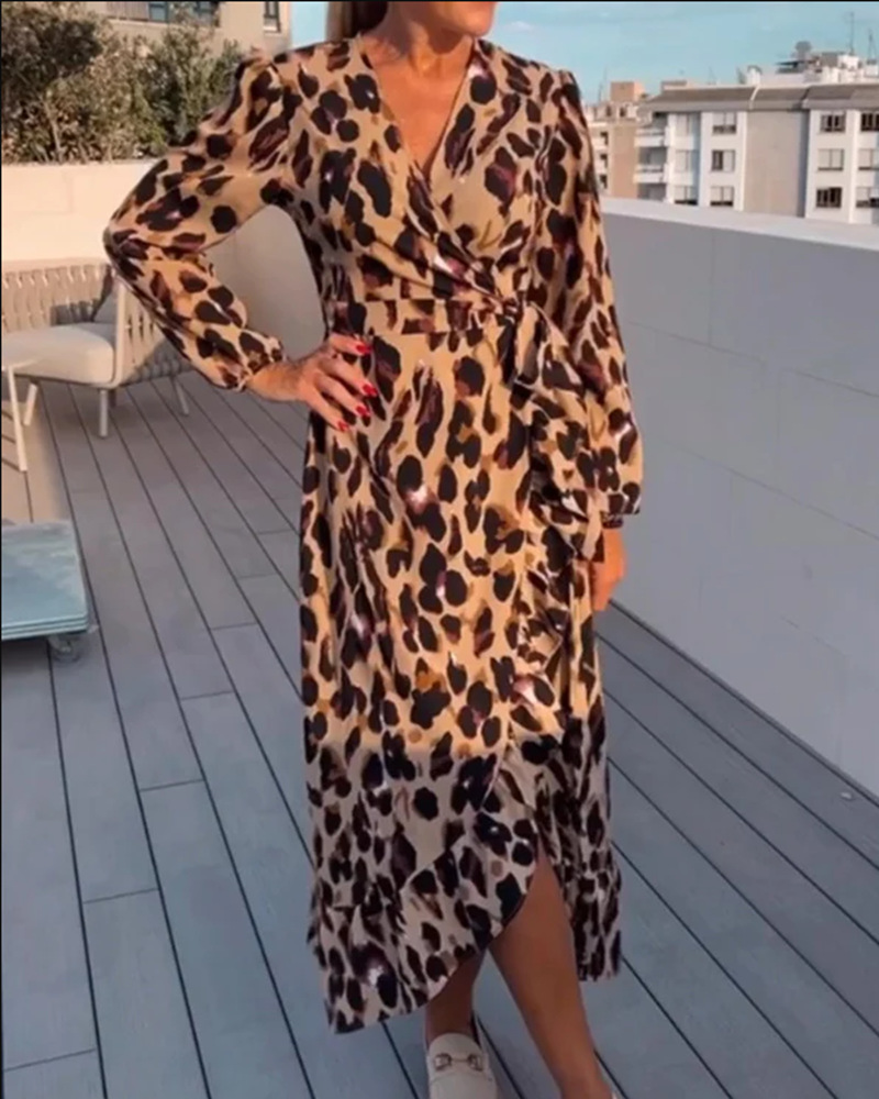 V-Neck Leopard Print Long Sleeve Casual Dress