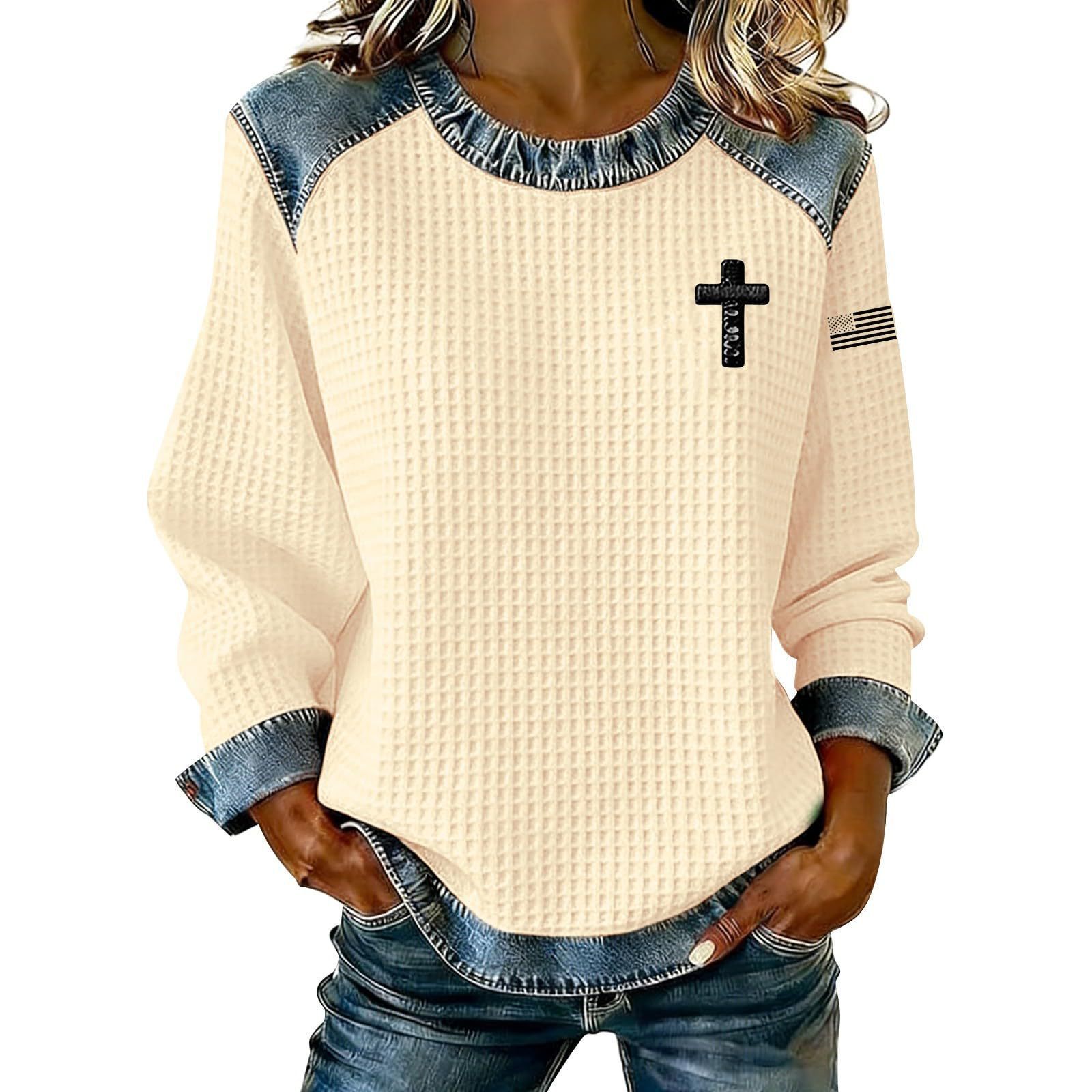 Women's Cross Print Crewneck Pullover Sweatshirt