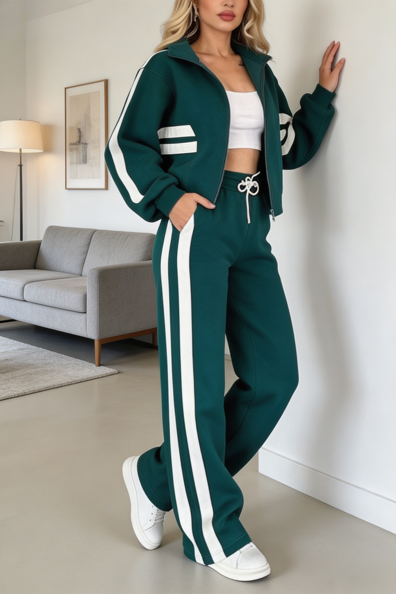 Y2K Striped Zip-Up Top & Pants Casual Tracksuit Set