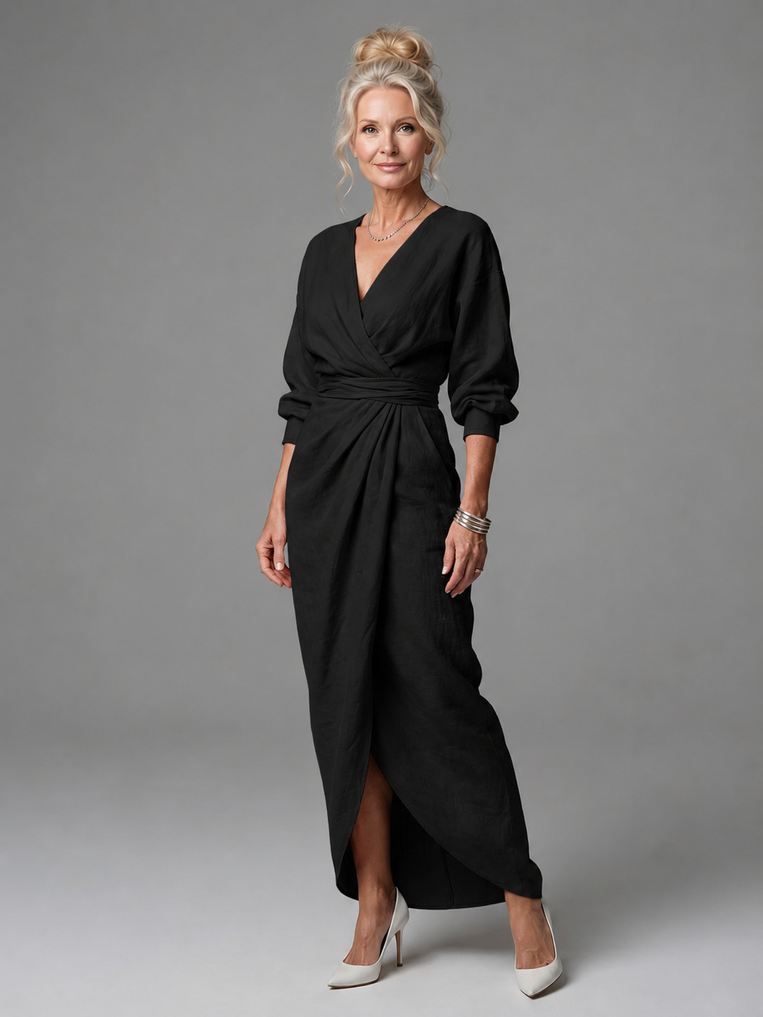 Elegant Solid V-Neck Long Sleeve Pocket Slit Belted Midi Dress