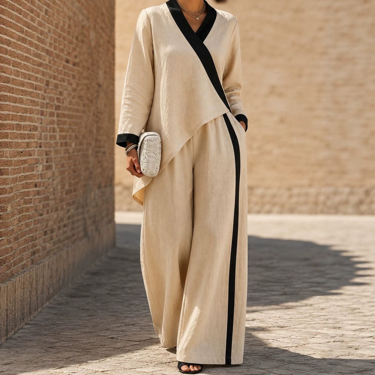 2026 Fall Cross-Border Hot-Selling European and American Women's Color-Block V-Neck Asymmetrical Top Wide-Leg Pants Loose Casual Set