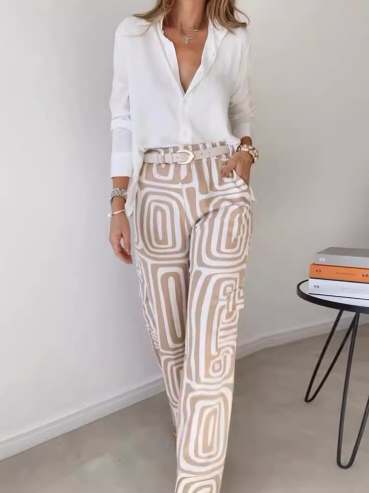 Women's Digital Print Shirt and Wide-Leg Pants Two-Piece Set