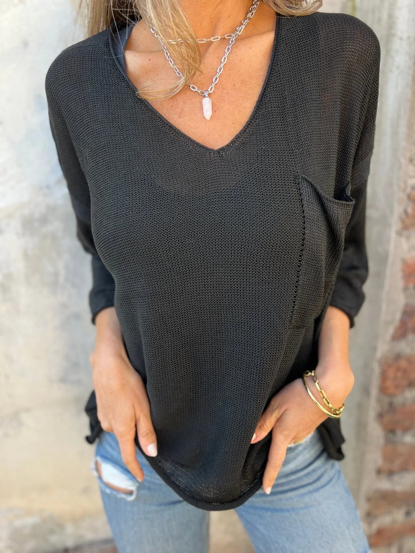 V-Neck Long-Sleeve Pocket Knit Sweater Top