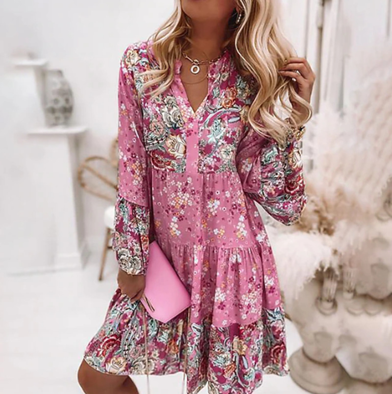 V-Neck Floral Print Midi Dress with Nine-Tenth Sleeves