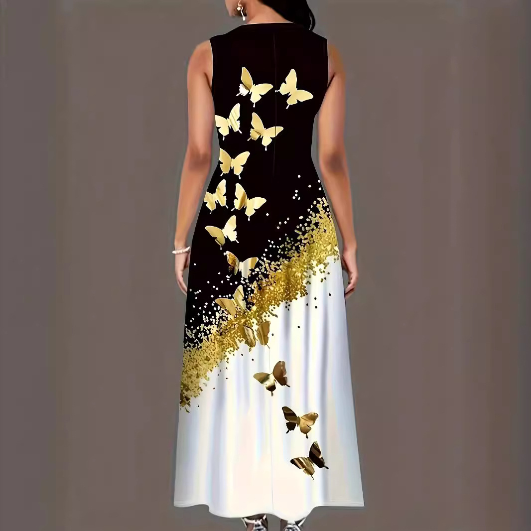 Butterfly Print Sleeveless A-Line Maxi Dress with Pockets