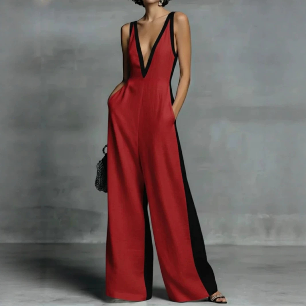 Deep V-Neck Colorblock Wide-Leg Jumpsuit