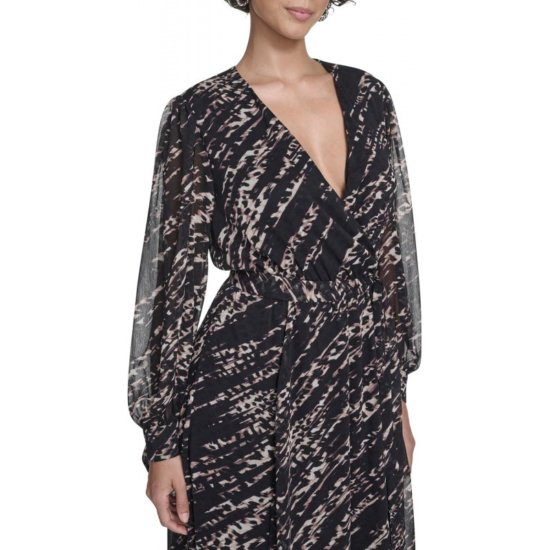 Long Sleeve V-Neck Chiffon Tie Midi Dress