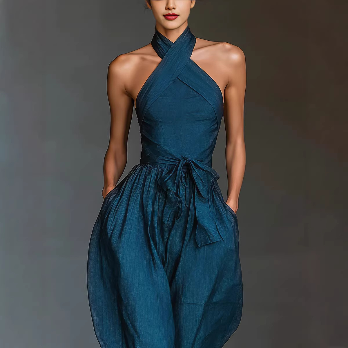 Women's Linen-Blend Cross-Strap Wide-Leg Jumpsuit