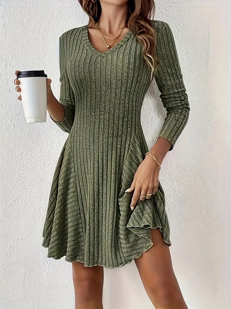 Elegant Knit V-Neck Long Sleeve A-Line Mini Dress