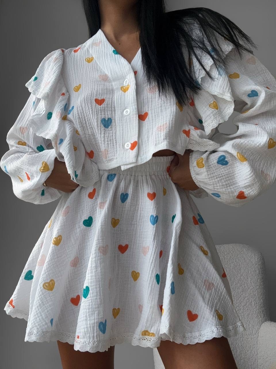 Heart Print Puff Sleeve Lace-Up Short Shirt and Sweet Skirt Set