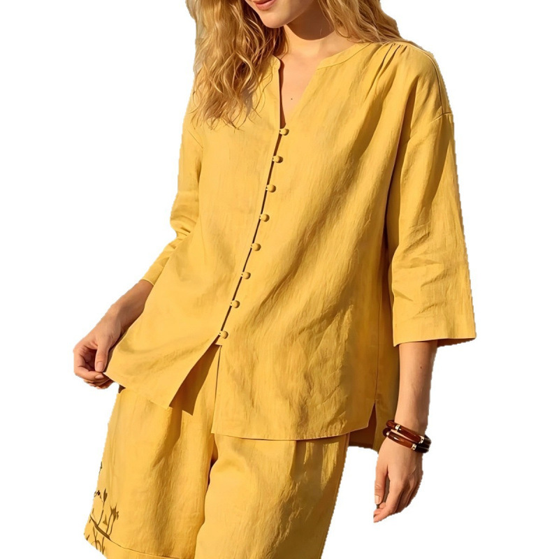 Women's Solid V-Neck Loose Top & High-Waist Wide-Leg Shorts Set