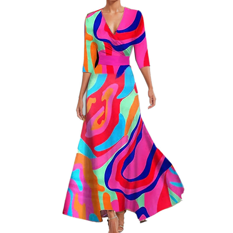 Women's Floral Print V-Neck High-Waist Midi Dress