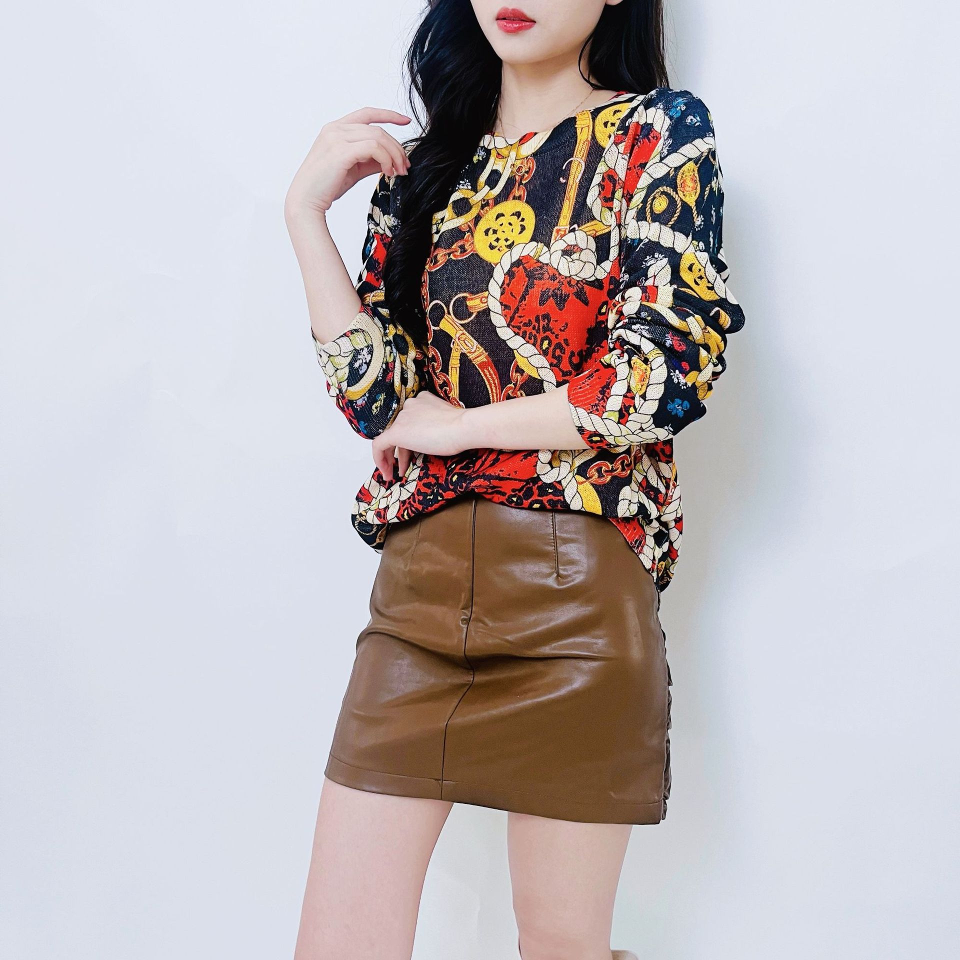 3D Heart Knit Pullover Sweater Long Sleeve Crew Neck Colorblock