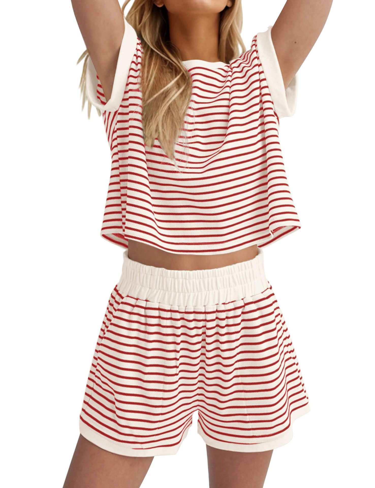 Women's Striped Round Neck Long Sleeve Two-Piece Pants Set