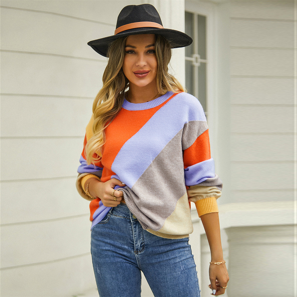 Striped Color-Block Crewneck Pullover Sweater