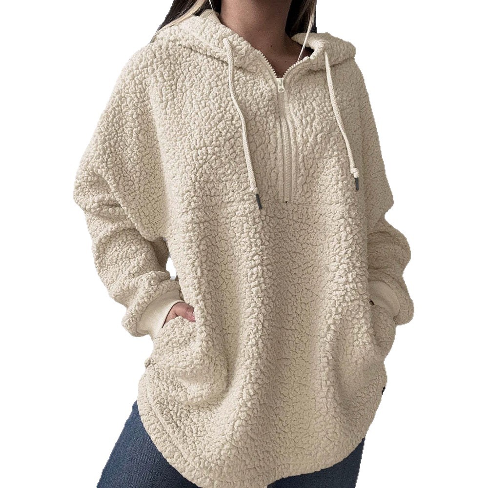 Women's Half-Zip Fleece Hoodie Loose Fit Drawstring Split Hem Pullover