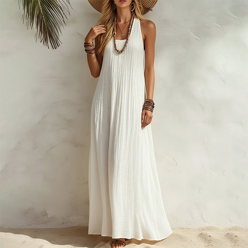 Women's Sleeveless A-Line Beach Dress Solid Color High Waist