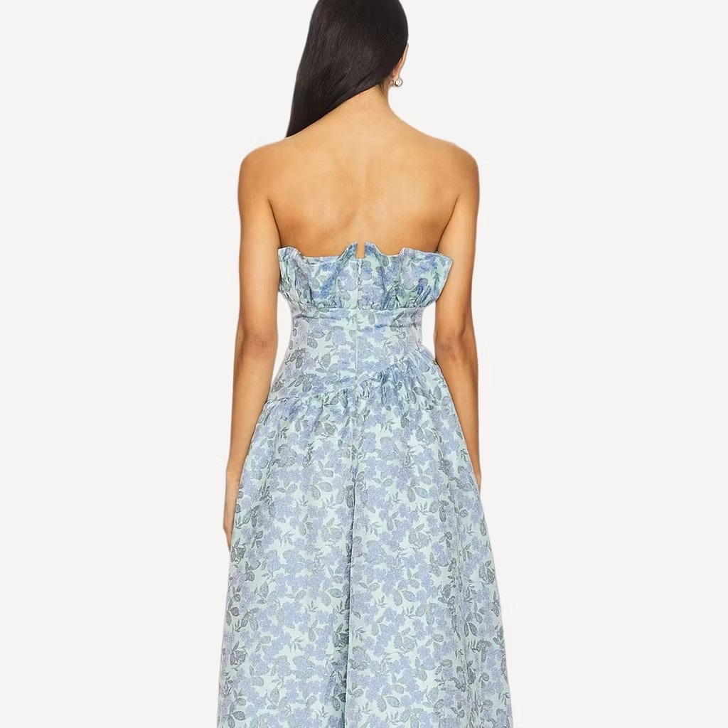 French Floral Strapless High-Low Maxi Dress with Off-Shoulder and Waist-Cinching