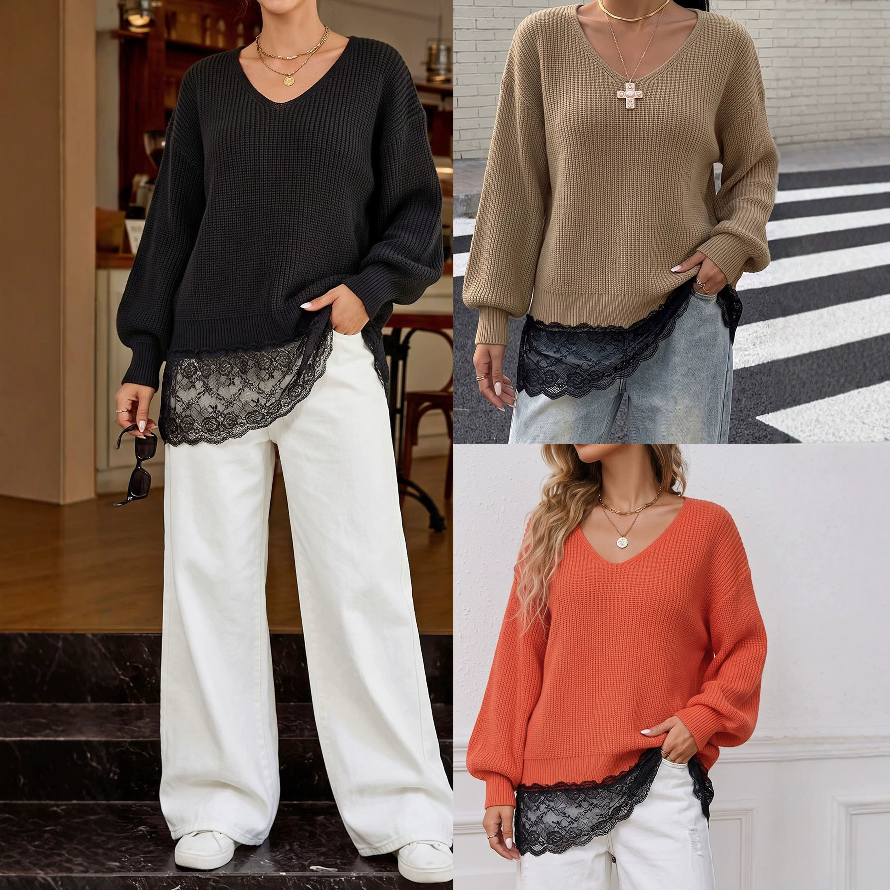 Women's Lace-Trim Faux-Layer Knit Sweater