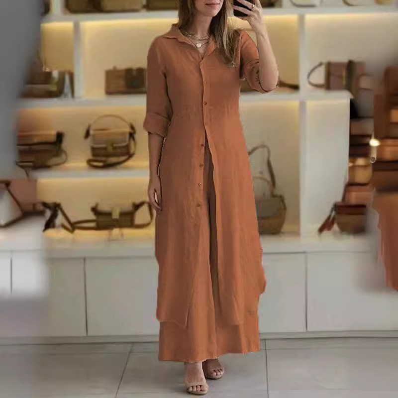 Urban Elegant Cotton-Linen Slim Waist Long Shirt & Wide-Leg Pants Set