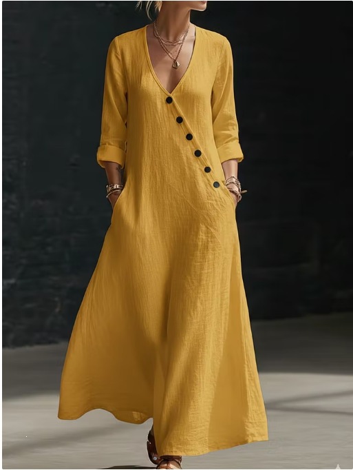 Women's V-Neck Button-Front A-Line Maxi Dress