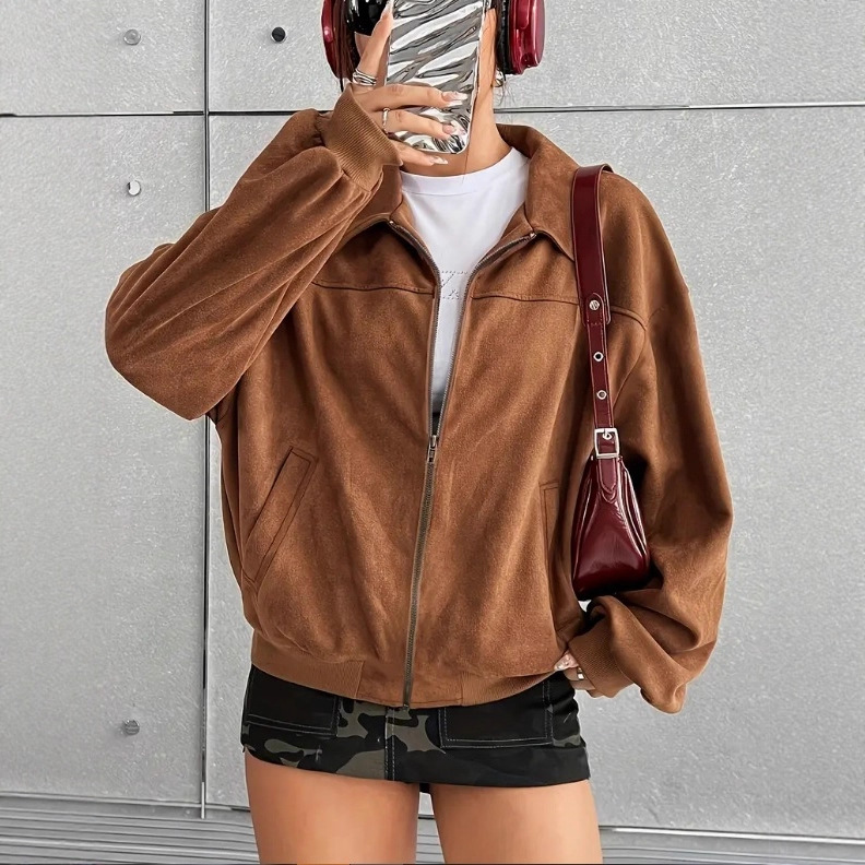 Women's Faux Suede Zip-Up Collared Jacket