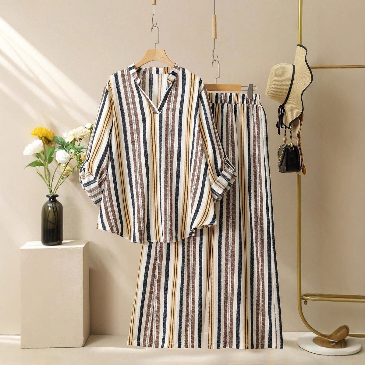 Striped Print V-Neck Long Sleeve Top and Pants Set