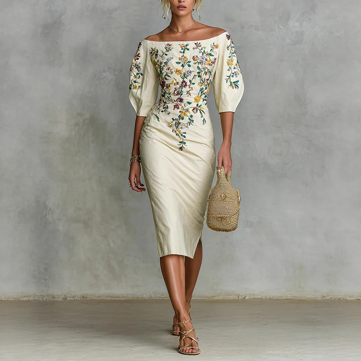 Women's Off-Shoulder Half-Sleeve Bodycon Midi Dress