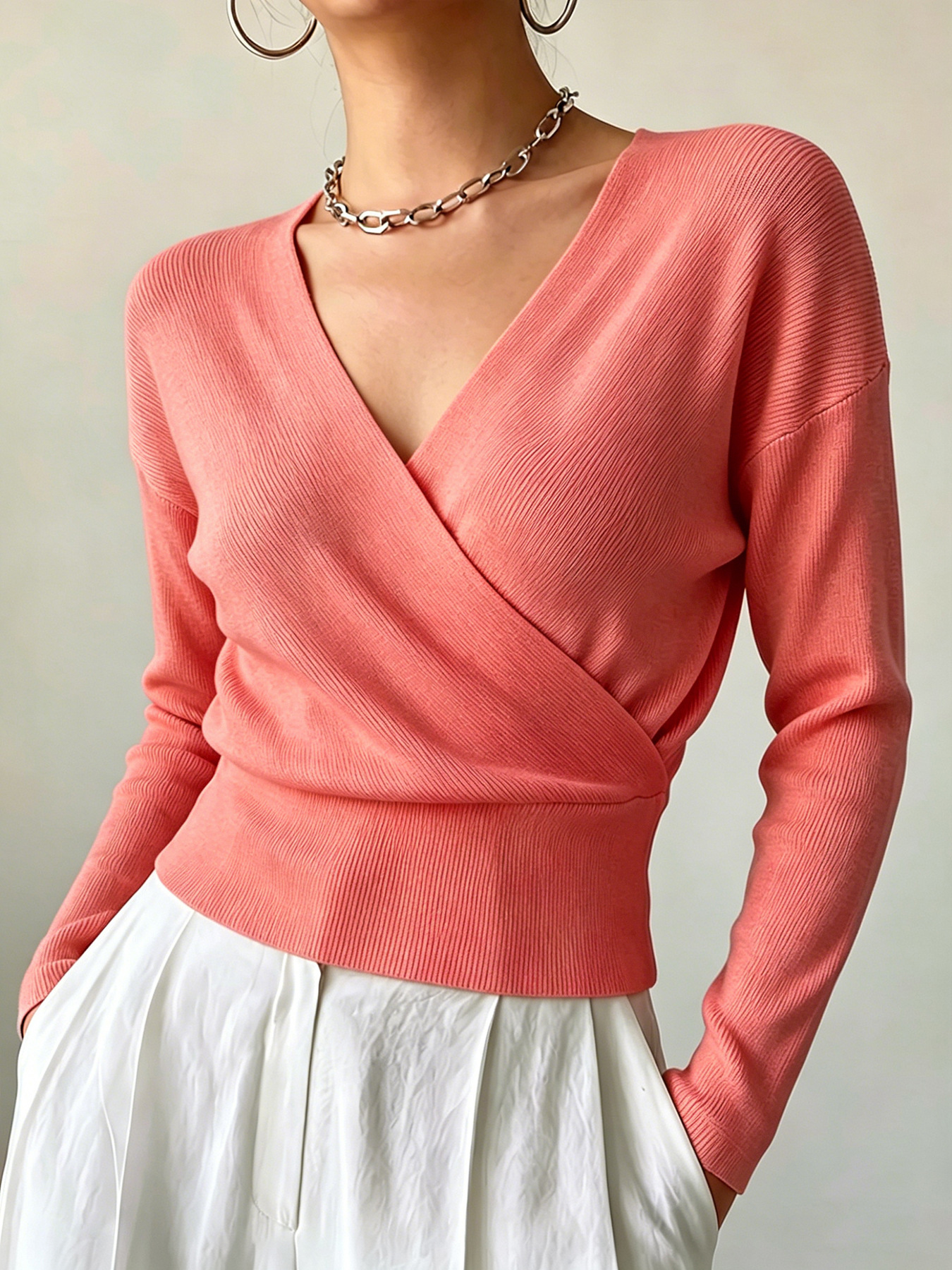 Women's Long Sleeve Cross V-Neck Knit Sweater Slimming Solid Color