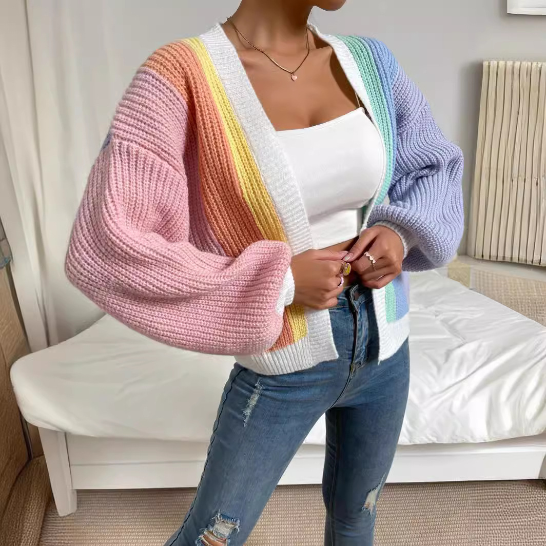 Colorblock Knit Cardigan Women's Long Sleeve Sweater