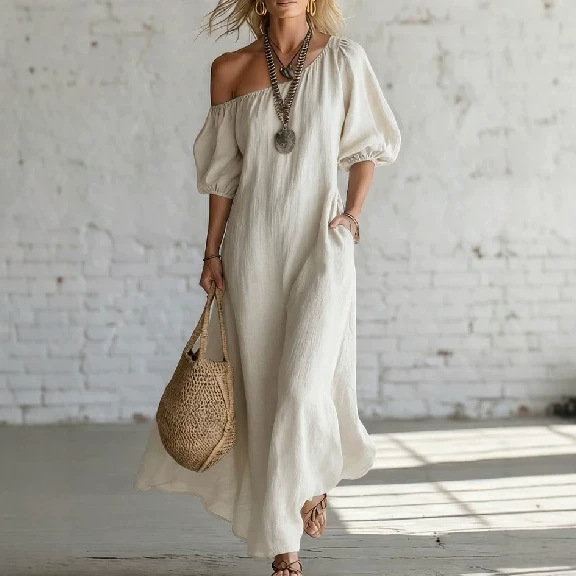 Off-Shoulder Cloud Cotton Puff Sleeve Loose Flowy Maxi Dress