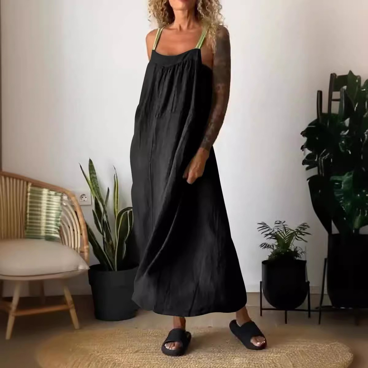 Women's Cotton Linen Sleeveless Pinafore Dress Casual Solid Color Long Dress
