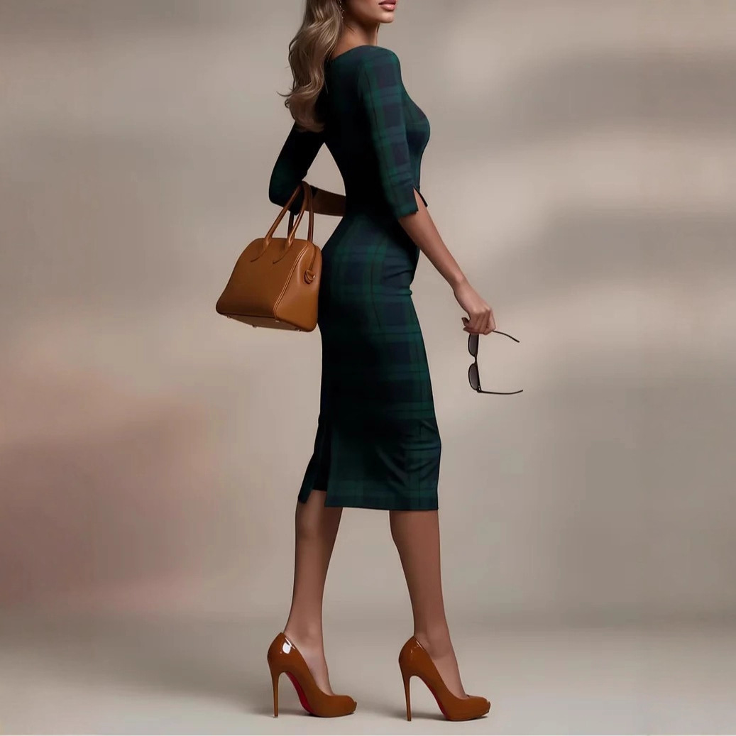 Classic Plaid Three-Quarter Sleeve Boat Neck Bodycon Dress