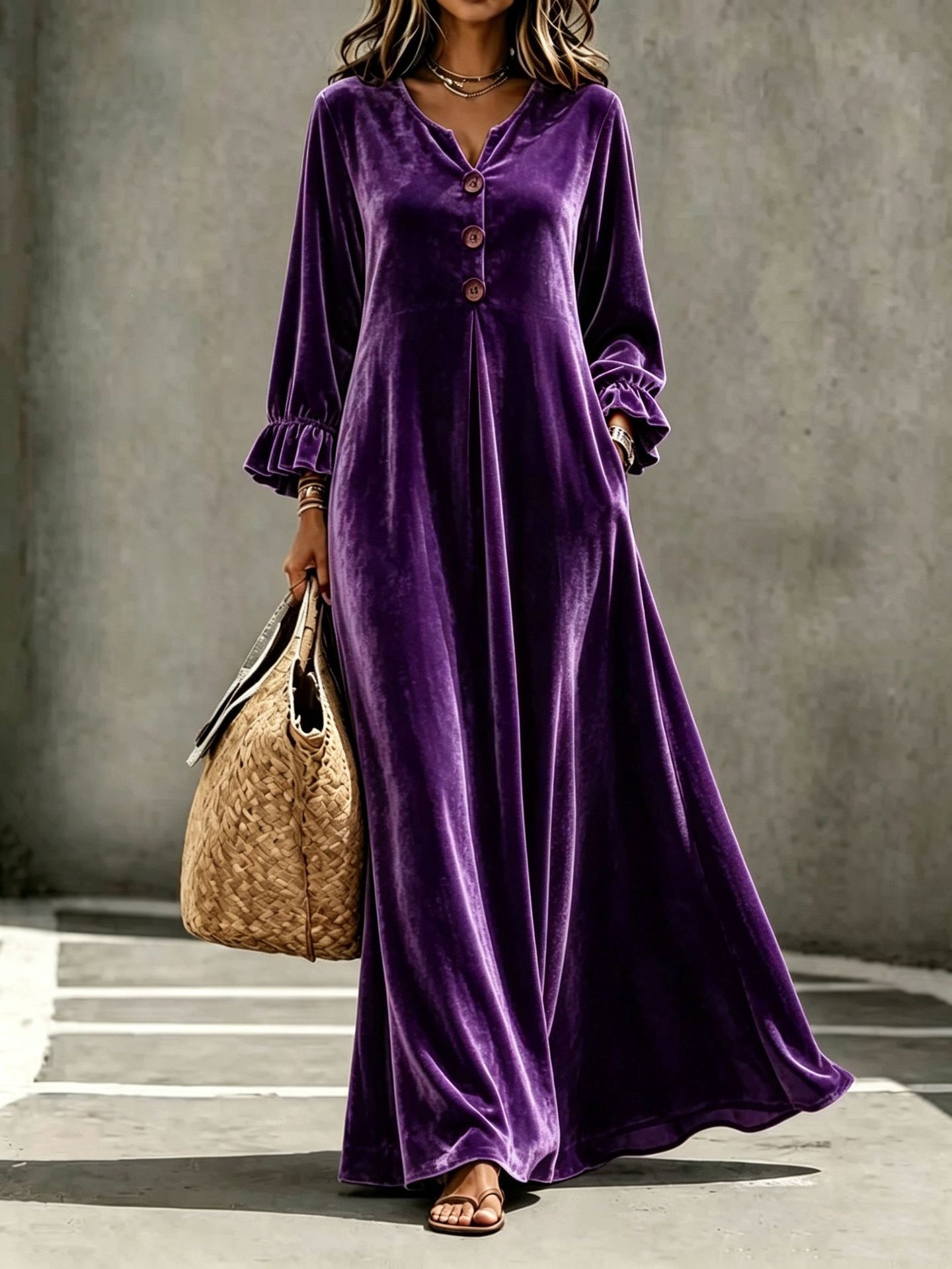 Velvet V-Neck Ruffle-Sleeve Long A-Line Dress