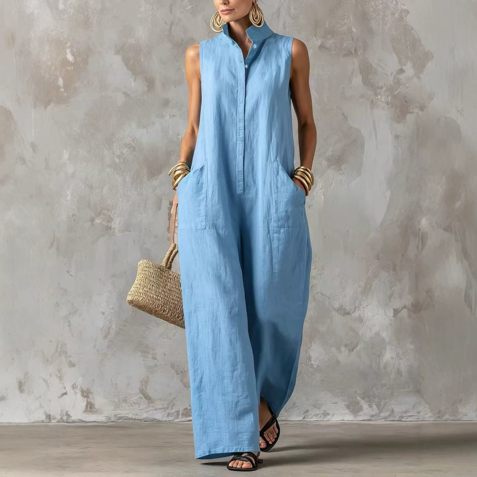 Women's Linen-Blend Sleeveless Button-Front Jumpsuit with Stand Collar