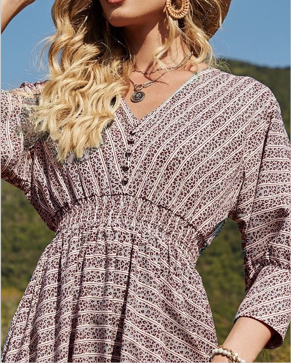 V-Neck Striped Midi Dress Casual High Waist