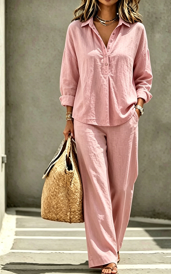 Women's French Casual Half-Button Long-Sleeve Shirt & Wide-Leg Pants Set