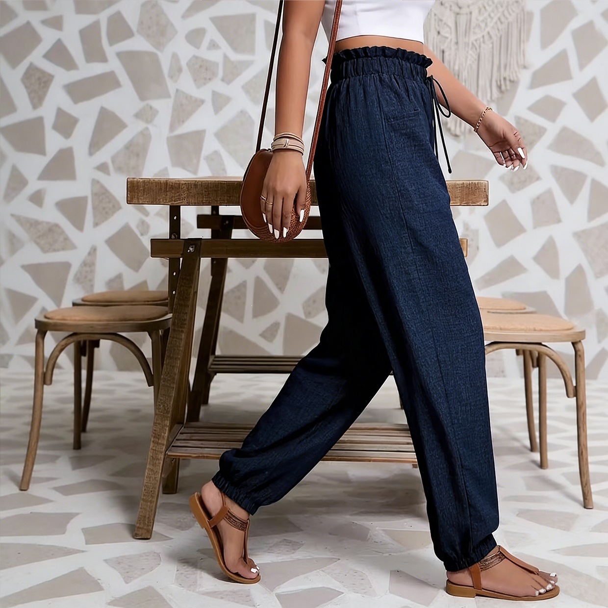 Solid Textured Lantern Pants with Ruffle Elastic Drawstring Waist and Dual Pockets