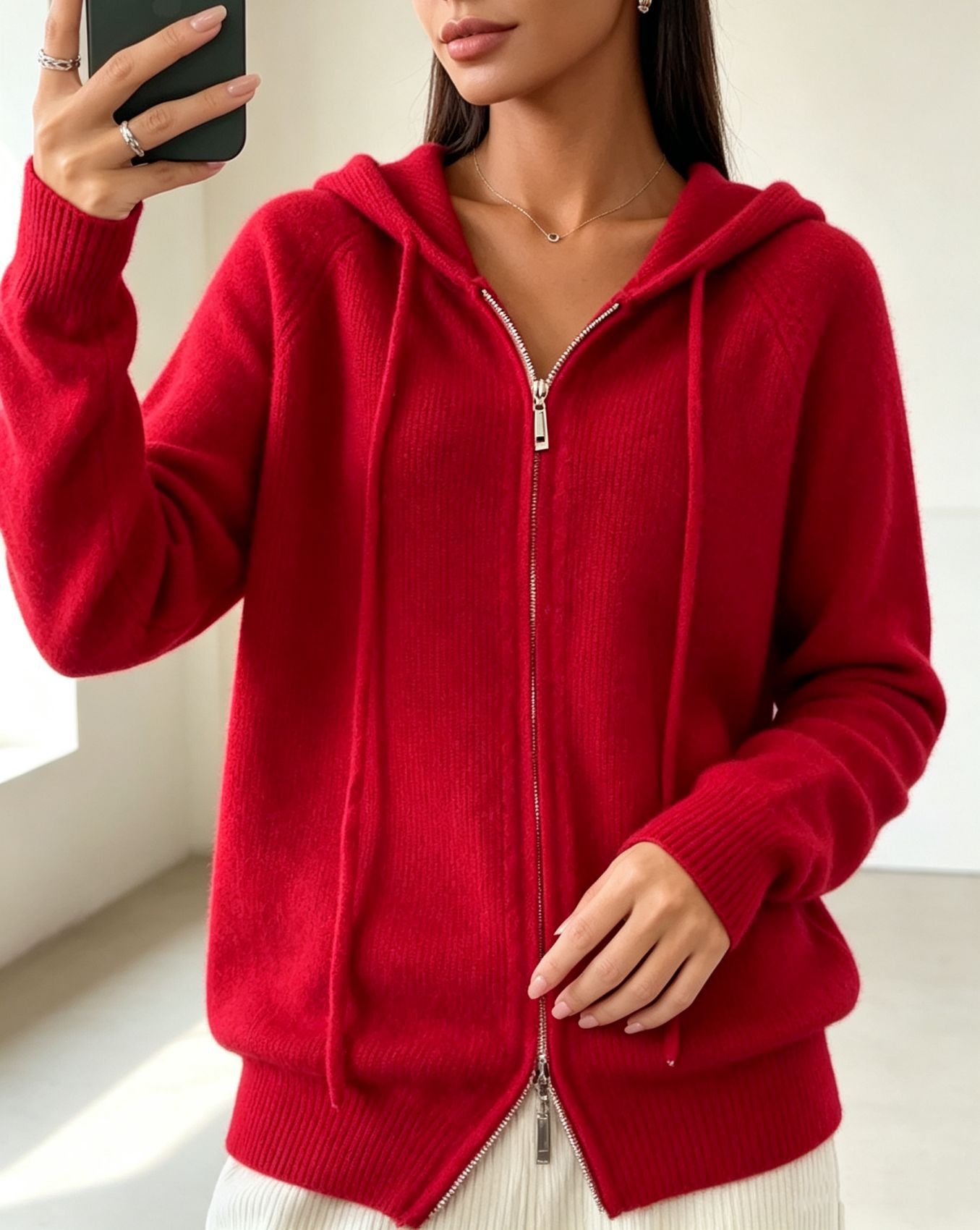 Women's Solid Hooded Faux Wool Cardigan Zip-Up Knit Sweater