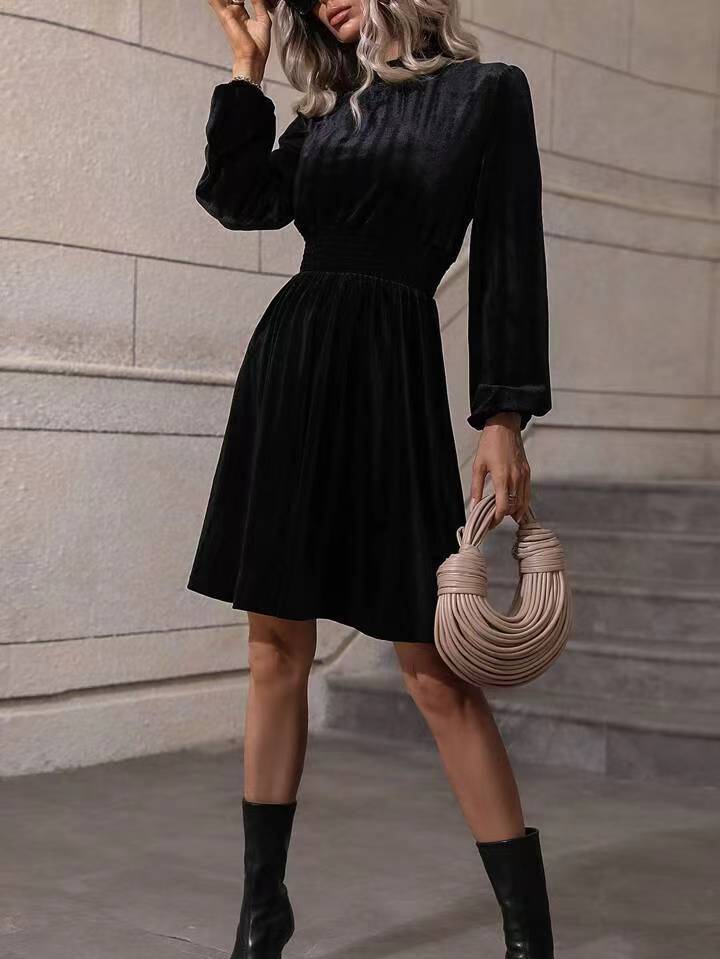 Velvet Long Sleeve Midi Dress with Stand Collar and Puff Sleeves
