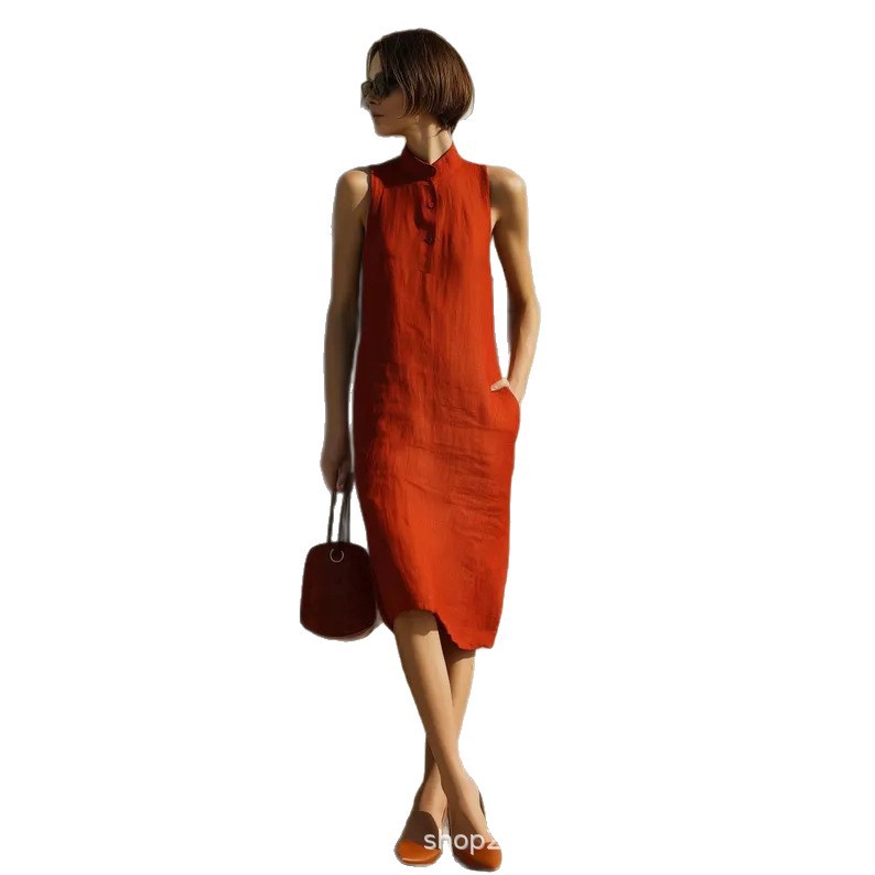 Women's Sleeveless Button-Front Midi Dress with Pockets